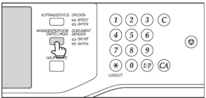 AUFTRAGSSTATUS DRUCKEN BEREIT DATEN ANWENDERSPEZIFISCHE DOKUMENTE EINSTELLUNGEN SENDEN ONLINE DATEN HAUPTREBE 1 2 3 C 4 5 6 7 8 9 * 0 #/P CA LOGOUT