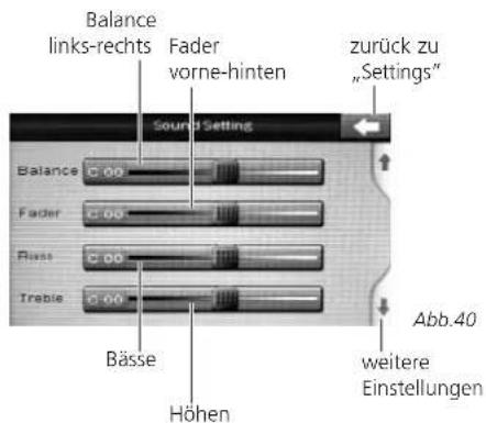 Balance links-rechts Fader vorne-hinten zurück zu "Settings" Source Setting Balance C 00 Fader C 00 Fluss C 00 Treble C 00 Bässe Höhen Abb.40 weitere Einstellungen