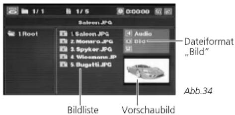 1/1 1/5 0:00:00 Salon.JPG 1 Root 1 Salon.JPG Audio Dateiformat 2 Monaro.JPG Bld "Bild" 3 Spykor.JPG 4 Wiesmann.JP 5 Bugatti.JPG Dateiformat "Bild" Abb.34 Bildliste Vorschaubild