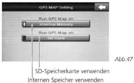 GPS MAP Setting Run GPS Map on Internal Memory Run GPS Map on SD Card Abb.47 SD-Speicherkarte verwenden Internen Speicher verwenden