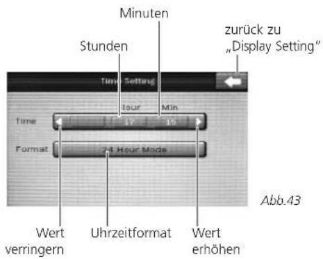 Minuten Stunden zurück zu „Display Setting“ Time Setting Tour Min Time 10 15 Format 24 Hour Mode Wert verringern Uhrzeitformat Wert erhöhen Abb.43