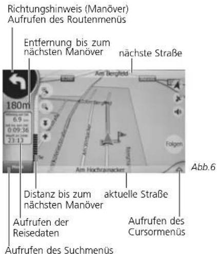 Richtungshinweis (Manöver) Aufrufen des Routenmenüs Entfernung bis zum nächsten Manöver nächste Straße 180m 6.9 0:09:36 23:17 Am Bergfeld Folgen Am Hochgrainacker Distanz bis zum nächsten Manöver aktuelle Straße Aufrufen der Reisedaten Aufrufen des Cursormenus Aufrufen des Suchmenüs Abb. 6