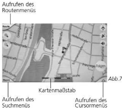 Aufrufen des Routenmenüs Kartenmaßstab Aufrufen des Suchmenüs Aufrufen des Cursormenus Abb.7