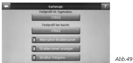 Kartenopt. Farbprofil im Tagmodus: CYDLE Farbprofil bei Nacht: CYDLE Alternative Strahlenzumen Strahlenzumen anzeugen Struktur Polygone Abb.49