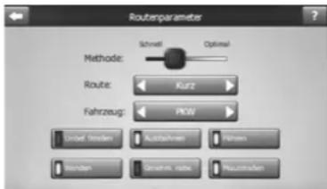 Routerparameters Method: Schnell Optimal Route: Kurtz Fahrzeug: PKW Lundel winden Auszahmen Sjahn Standen Gewinn, radio Reuzschaden