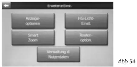 Erweiterte Einst. Anzeuge- optionen HG-Licht- Einst. Smart Zoom Routen- option. Verwaltung d. Nutzerdaten Abb. 54