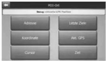 POS-Off Design: aktuelle GPS Partition Adresse Koordinate Cursor Letzte Ziele Akt. GPS Ziel