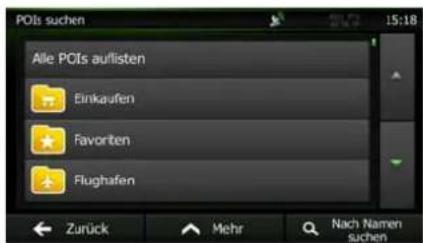 POIs suchen Alle POIs auflisten Einkaufen Favorten Flughafen Zurück Mehr Nach Namen suchen 15:18
