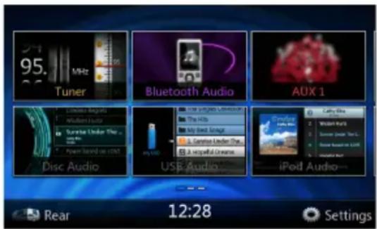 95. MHz Tuner Bluetooth Audio AUX 1 Disc Audio USB Audio iPod Audio Rear 12:28 Settings
