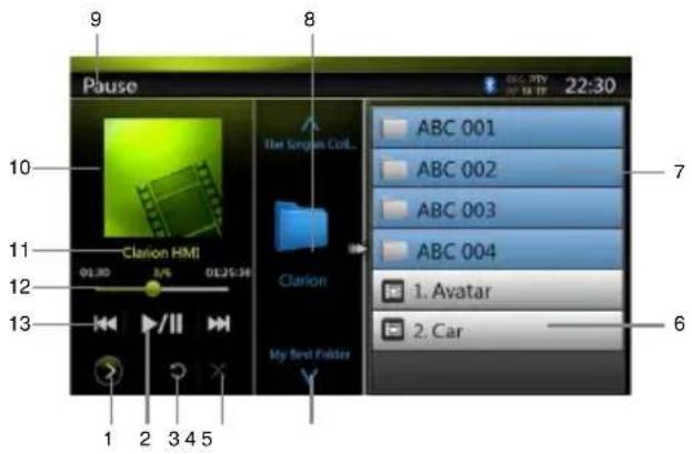 Pause 9 8 10 Clarion HMI 01:30 2/6 01:25:30 Clarin Clarin My first folder 1 2 3 4 5 7 ABC 001 ABC 002 ABC 003 ABC 004 1. Avatar 2. Car 6
