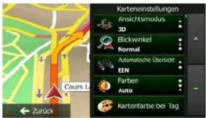 Karteneinstellungen Ansichtsmodus 3D Blickwinkel Normal Automatische übersicht EIN Farben Auto Kartenfarbe bei Tag Zurück