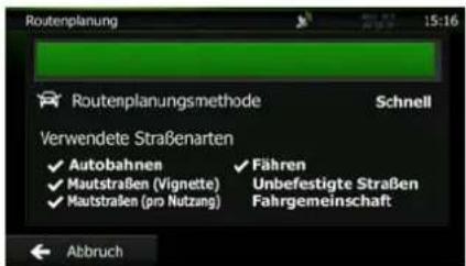 Routenplanung 15:16 Routenplanungsmethode Schnell Verwendete Straßenarten ✓ Autobahnen ✓ Fähren ✓ Mautstraßen (Vignette) Unbefestigte Straßen ✓ Mautstraßen (pro Nutzung) Fahrgemeinschaft Abbruch