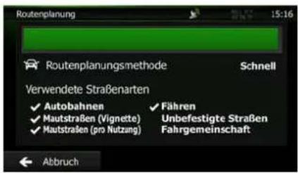 Routenplanung 15:16 Routenplanungsmethode Schnell Verwendete Straßenarten ✓ Autobahnen ✓ Mautstraßen (Vignette) ✓ Mautstraßen (pro Nutzung) ✓ Fähren Unbefestigte Straßen Fahrgemeinschaft Abbruch