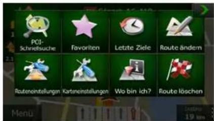 POI- Schrielsuche Favoriten Letzte Ziele Route ändern Routeneinstellungen Karteneinstellungen Wo bin ich? Route löschen