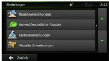 Einstellungen Routeneinstellungen Umweltfreundliche Routen Karteneinstellungen Visuelle Anweisungen Zurück