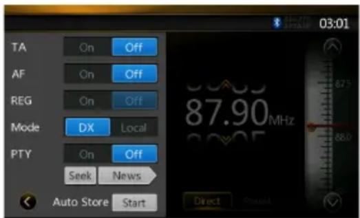 TA On Off AF On Off REG On Off Mode DX Local PTY On Off Seek News Auto Store Start 87.90 MHz Direct Search