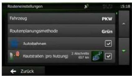 Routeneinstellungen Fahrzeug PKW Routenplanungsmethode Grün Autobahnen Mautstraßen (pro Nutzung) 2 Abschritte 657 km Zurück