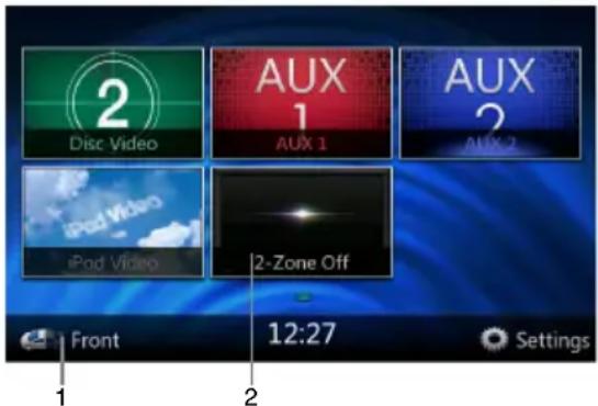 2 Disc Video AUX 1 AUX 2 iPod Video iPod Video 2-Zone Off Front 12:27 Settings