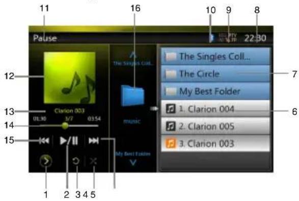 Pause 11 16 10 9 8 22:30 The Singles Coll... The Singles Coll... The Circle My Best Folder 1. Clarion 004 2. Clarion 005 3. Clarion 003 music music My Best Folder Clarion 003 01:30 3/7 01:54 1 2 3 4 5