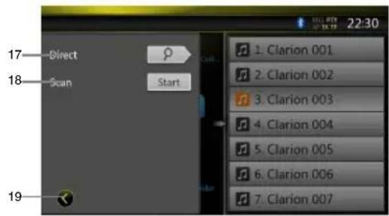 17—Direct 18—Scan Start 19 F 1. Clarion 001 F 2. Clarion 002 F 3. Clarion 003 F 4. Clarion 004 F 5. Clarion 005 F 6. Clarion 006 F 7. Clarion 007 22:30