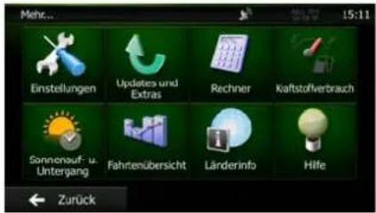 Mehr... Einstellungen Updates und Extras Rechner Kaftstoffverbrauch Sonnenauf- u- Untergang Fahrtenübersicht Länderinfo Hilfe Zurück