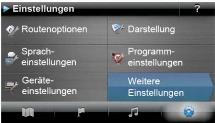 Einstellungen Routenoptionen Darstellung Sprach- einstellungen Programm- einstellungen Geräte- einstellungen Weitere Einstellungen