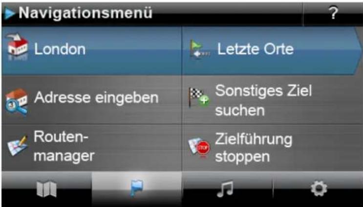 Navigationsmenü London Letzte Orte Adresse eingeben Sonstiges Ziel suchen Routen- manager Zielführung stoppen