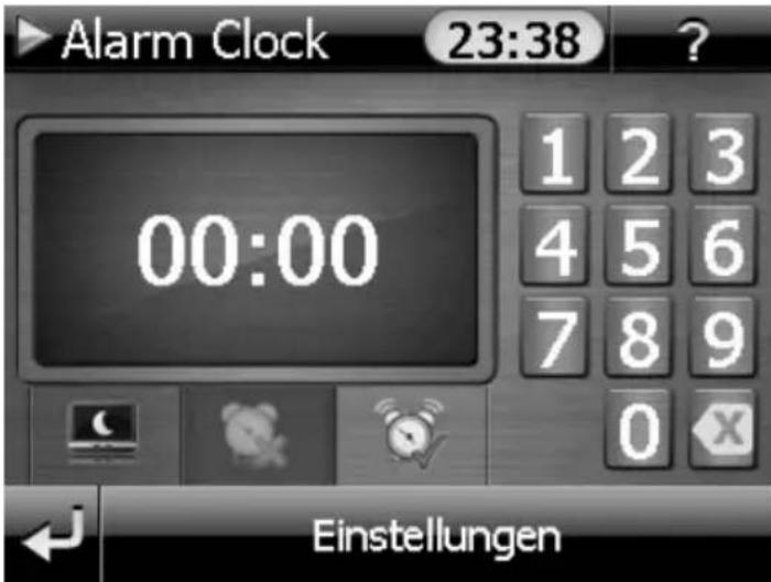Alarm Clock 23:38 ? 00:00 1 2 3 4 5 6 7 8 9 0 Einstellungen