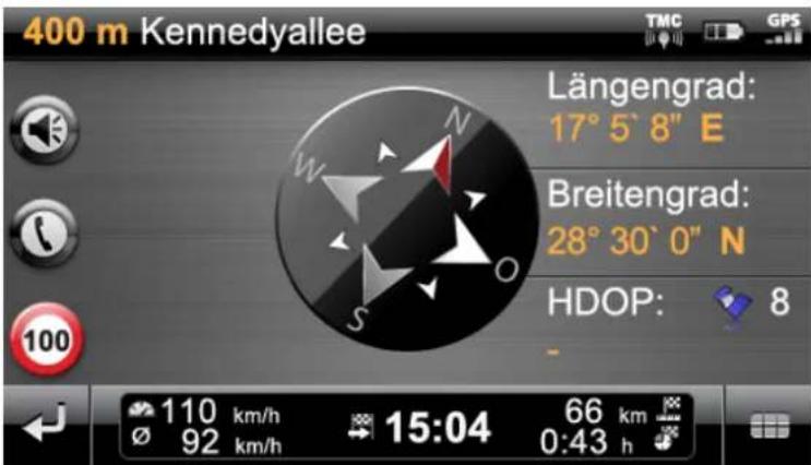 400 m Kennedyallee TMC GPS Längengrad: 17° 5' 8" E Breitengrad: 28° 30' 0" N HDOP: 8 100 110 km/h 92 km/h 15:04 66 km 0:43 h