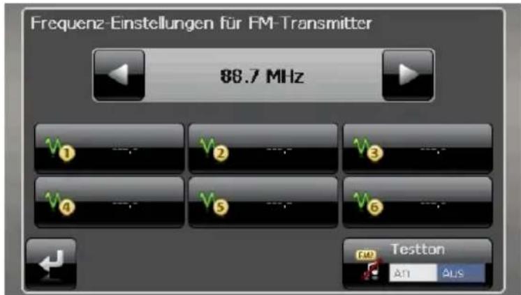 Frequenz-Einstellungen für FM-Transmitter 88.7 MHz Testton An Aus