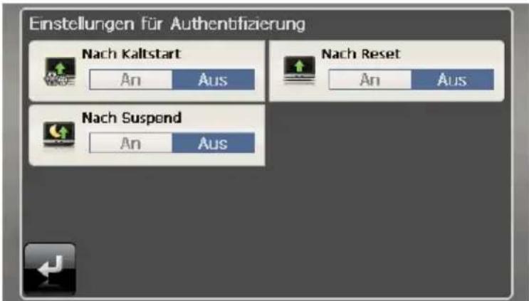 Einstellungen für Authentifizierung Nach Kaltstart An Aus Nach Reset An Aus Nach Suspend An Aus