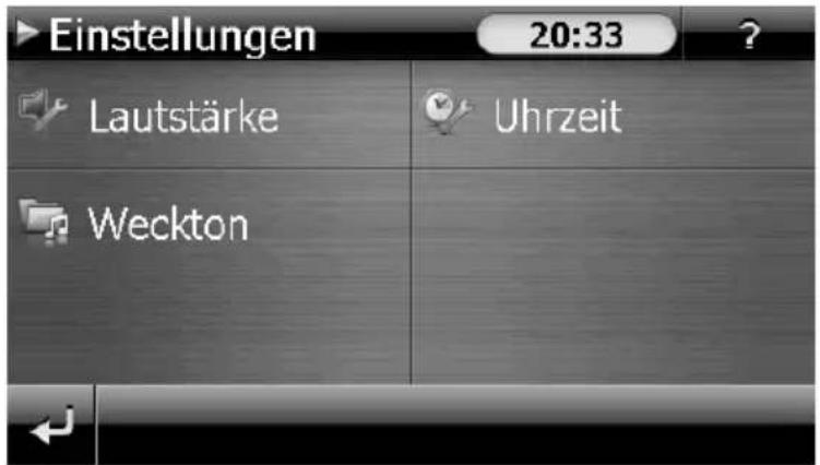 Einstellungen 20:33 Lautstärke Uhrzeit Weckton