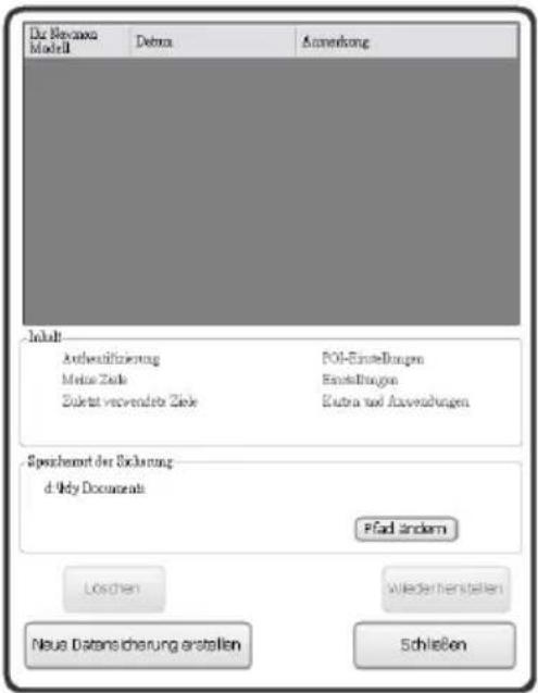 Die Newmax Modell Debra Annenkung Inhalt Authenzifizierung Mioze Ziele Zukretz verwendete Ziele Fol-Einstellungen Einstellungen Europa und Auswachungen Spechenwert der Sicherung d' Udy Documents Pfad ändern Löschen Wiedenrendeten Neue Datensicherung erstellen Schließen