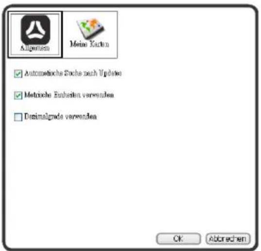 Allgemein Meine Karten ✓ Automatische Stochs nach Updates ✓ Metrische Einheiten verwenden □ Decimalgrade verwenden OK Abtrechen