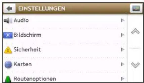 EINSTELLUNGEN Audio Bildschirm Sicherheit Karten Routenoptionen