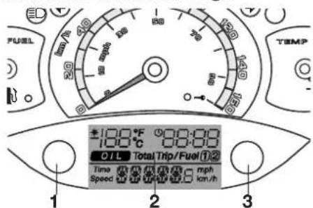FUEL 200 40 30 250 100 ±100°F 80:00 100°C OIL Total Trip/Fuel①② Time Speed mph km/h 1 2 3 TEMP