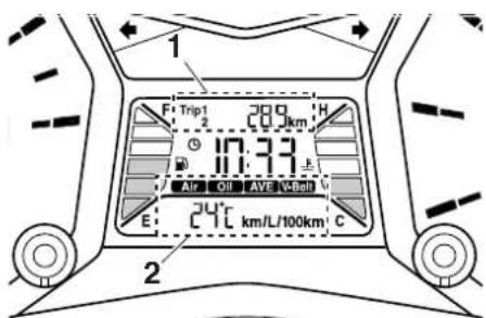 1 F Trip1 200 km H 17:33 上 Air Oil AVE V-Belt 24°C km/L/100km C 2