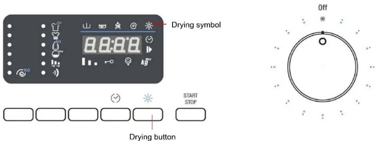 Drying symbol 8:00:00 kg START STOP Drying button Off