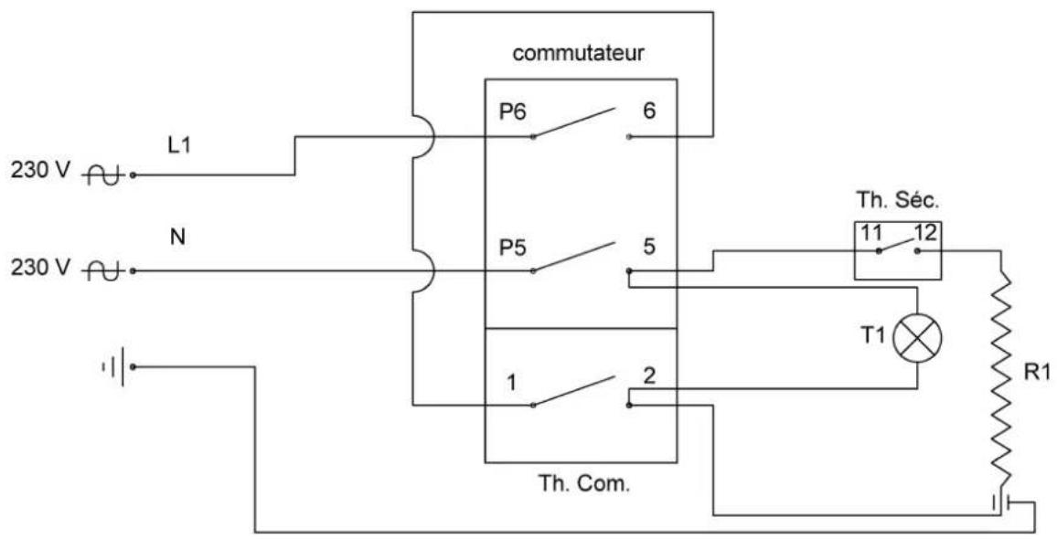 230 V L1 N 230 V commutateur P6 6 P5 5 Th. Com. Th. Séc. 11 12 T1 R1