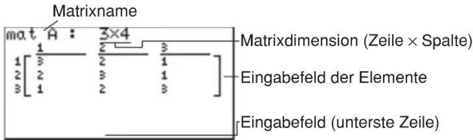 Matrixname mat A : 3×4 1 [ 1/3 ] 2/2 ] 3/1 ] 2 [ 2/2 ] 3/2 ] 1/3 ] 3 [ 1/3 ] 2/2 ] 3/3 ] Matrixdimension (Zeile × Spalte) Eingabefeld der Elemente Eingabefeld (unterste Zeile)