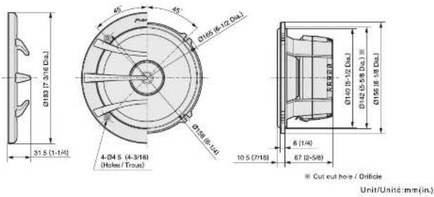 Ø183 (7-3/16 Dia.) 31.5 (1-1/4) 4-Ø4.5 (4-3/16) (Holes/Trous) Ø18 (6-1/2 Dia.) Ø180 (6-1/2 Dia.) Ø140 (6-1/2 Dia.) Ø142 (6-5/8 Dia.) * Ø156 (6-1/8 Dia.) 10.5 (7/16) 6 (1/4) 67 (2-5/8) Cut cut hole / Orifice Unit/Units: mm(in.)