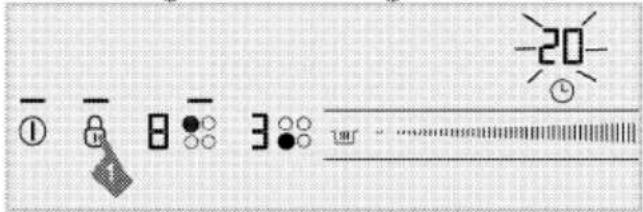 Digital display interface icons including alarm, lock, timer, and light bulb with a 20 timer and status bar