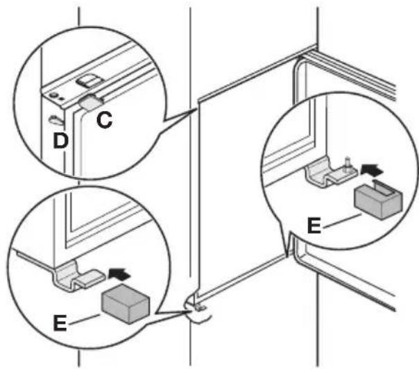 Technical diagram showing mechanical assembly with labeled components (D, C, E) and directional arrows indicating movement or assembly.