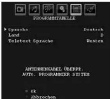 PROGRAMITABELLE ► Sprache Deutsch Land D Teletext Sprache Westen ANTENNENKABEL ÜBERPE. AUTO. PROGRAMMIER SYSTEM ■ 0k ■ Abbrechen