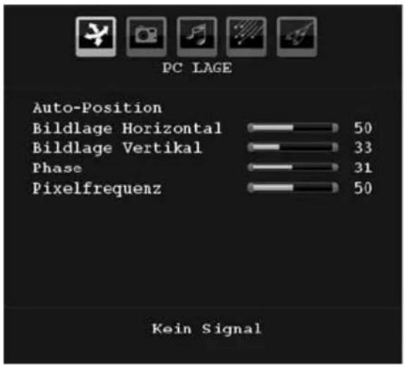 PC LAGE Auto-Position Bildlage Horizontal 50 Bildlage Vertikal 33 Phase 31 Pixelfrequenz 50 Kein Signal