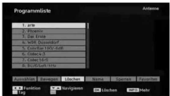 Programmliste Anterme 1. arte 2. Phoenix 3. Das Erste 4. WDR Düsseldorf 5. ColorBar 100V-6x8 6. Codec4-3 7. Codec16-9 8. BLUE/Soft1kHz Auswählen Bevegen Löschen Name Spreen Favoriten Funktion Navigieren OK Löschen INFO Mehr Tag