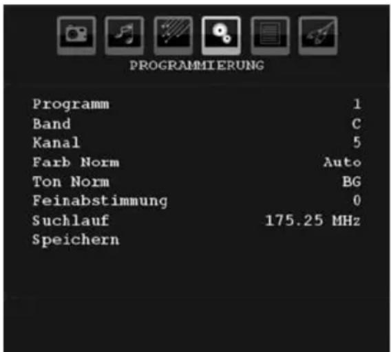 PROGRAMMIERUNG Programm 1 Band C Kanal 5 Farb Norm Auto Ton Norm BG Feinabstimmung 0 Suchlauf 175.25 MHz Speichern