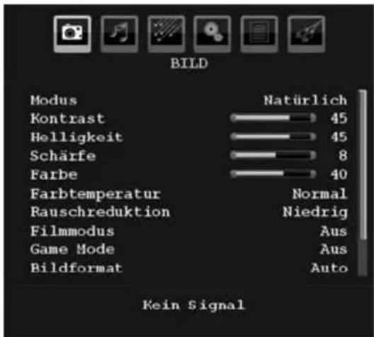 BILD Modus Kontrast Helligkeit Schärfe Farbe Farbtemperatur Rauschreduktion Filmmodus Game Mode Bildformat Nein Signal Natürlich 45 45 8 40 Normal Niedrig Aus Aus Auto