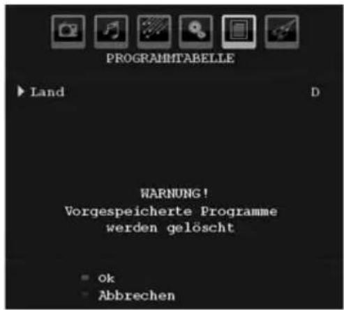 PROGRAMTABELLE ► Land D WARNUNG! Vorgespeicherte Programme werden gelöscht ■ Ok ■ Abbrechen