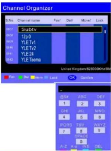 Channel Organizer S.No Channel name Fav Del Move Lock Subtv 12p0 YLETv1 YLETv2 YLE24 YLETaema United Kingdom/628009KHz/BM Fev Del Move Lock OK Danfaw 5# ABC DEF 1 2 3 CHI JKL MND 4 5 6 PORS TUV WXYZ 7 8 9 SPACE 0 A-Z A-A INS DEL
